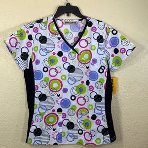 Green Town Nurse Scrub Top Blouse Black White M Pullover Short Sleeves Pockets
